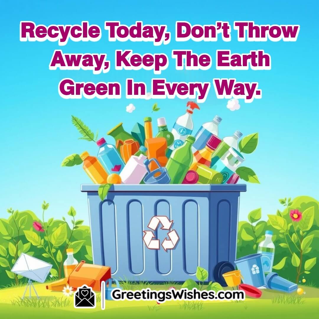 A recycling bin filled with neatly sorted recyclables on Global Recycling Day, surrounded by lush greenery.