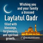 Peaceful night with crescent moon over desert and mosque, symbolizing Laylatul Qadr blessings for family.