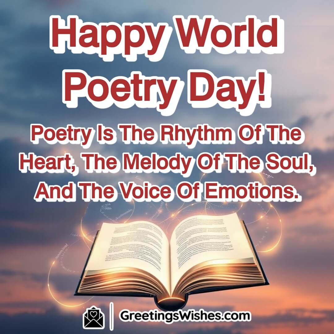 A glowing book with floating poetic verses, symbolizing the rhythm and soul of poetry on World Poetry Day.