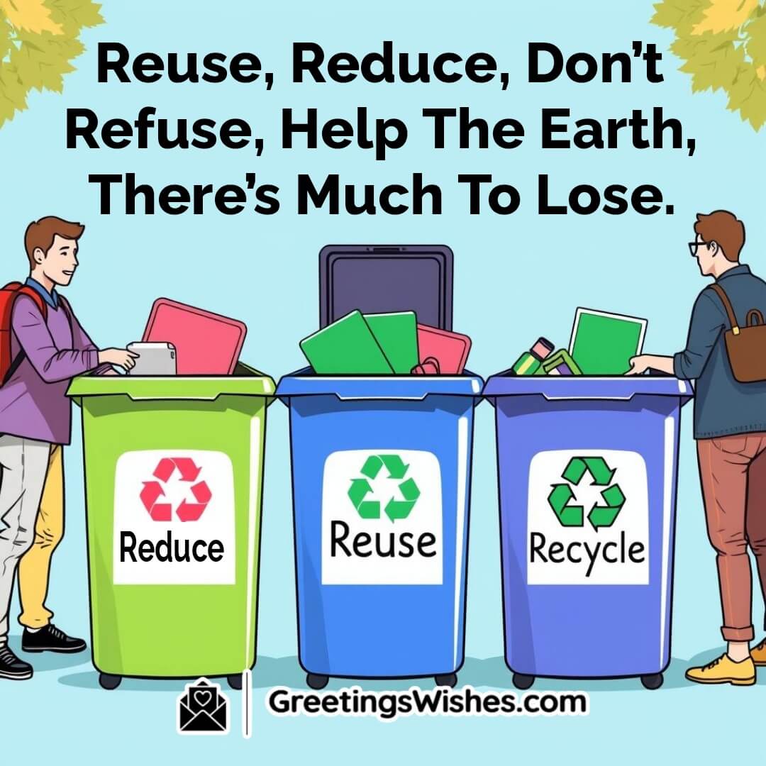 Three bins labeled Reduce, Reuse, Recycle on Global Recycling Day, with people participating in sustainability.