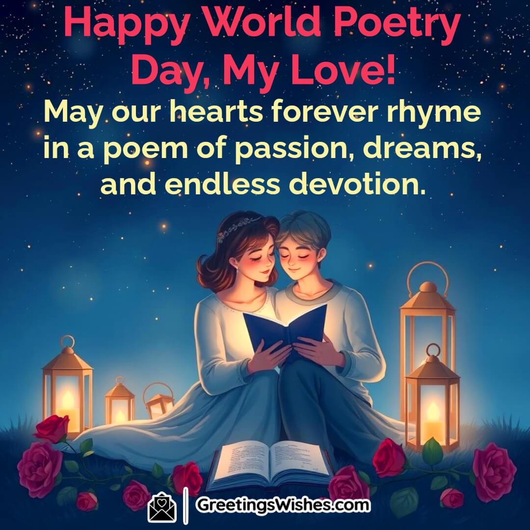 A romantic couple under a starlit sky, sharing poetry and love, celebrating the magic of words on World Poetry Day.