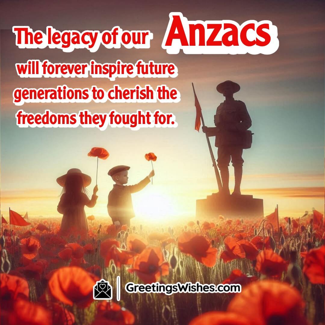 Anzac Day image featuring poppy field with children and soldier statue, symbolizing legacy, freedom, and future generations.