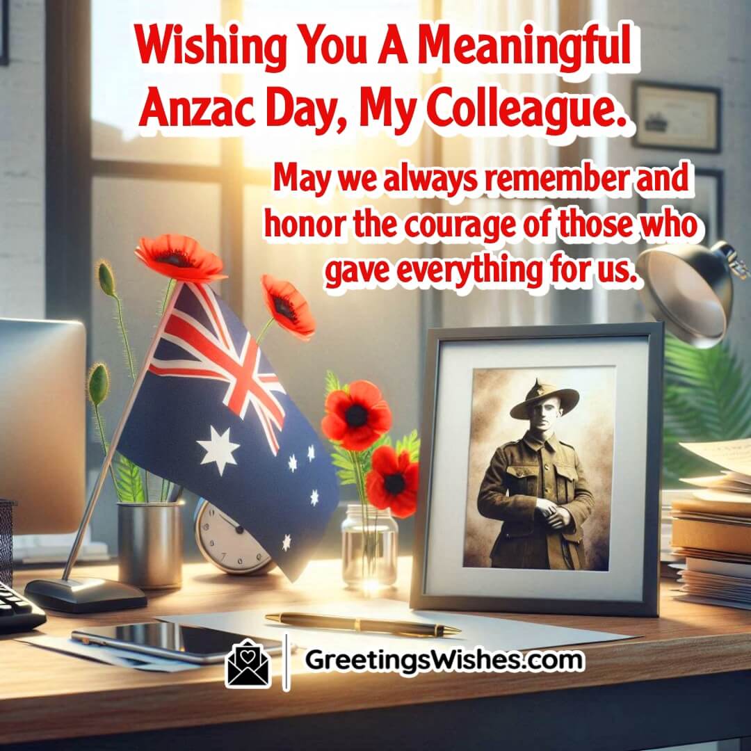 Anzac Day image featuring a desk with flag, poppy, and soldier photo, symbolizing remembrance and workplace tribute.