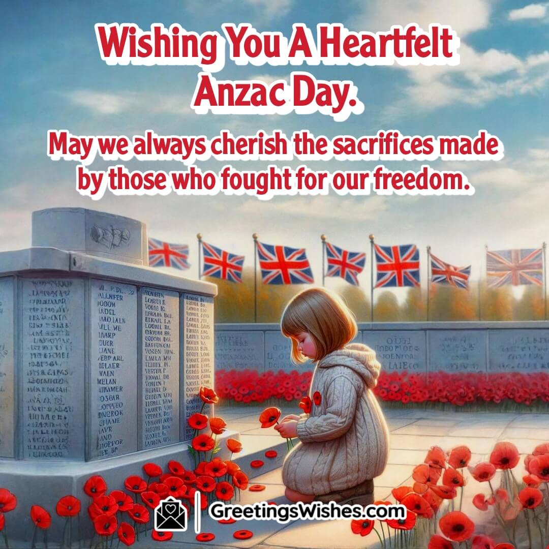 Anzac Day image featuring child placing a poppy at memorial, symbolizing remembrance, respect, and heartfelt gratitude.