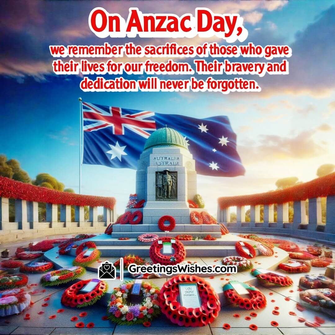 Anzac Day image featuring war memorial with flags and wreaths, symbolizing remembrance and enduring gratitude.