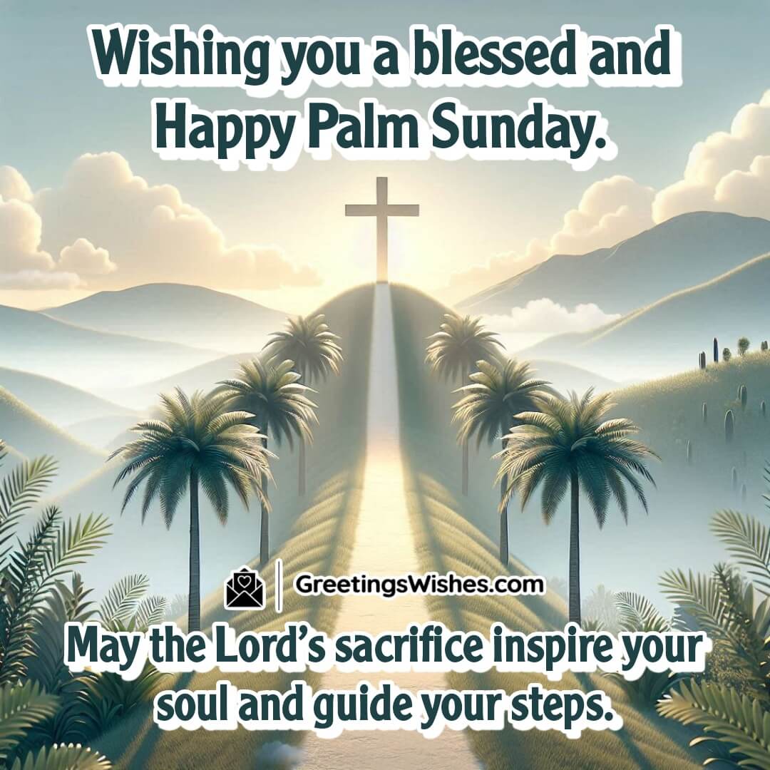 Inspiring Palm Sunday image with a path leading to a cross under palm trees, symbolizing the journey of faith and sacrifice.