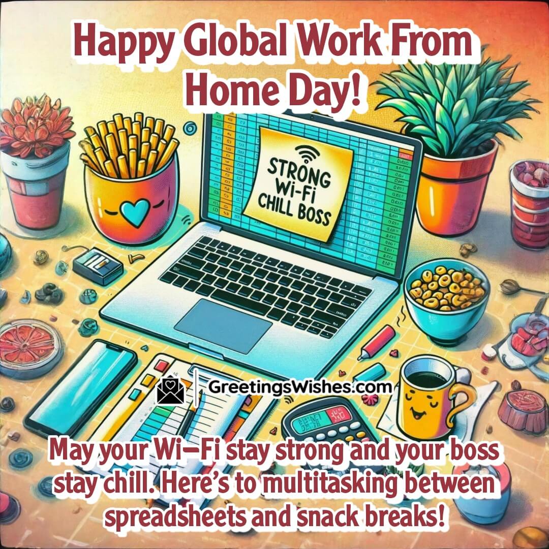 Funny Work From Home image with a laptop, snacks, and coffee mug on the desk, showing multitasking during remote work with a relaxed and humorous vibe.
