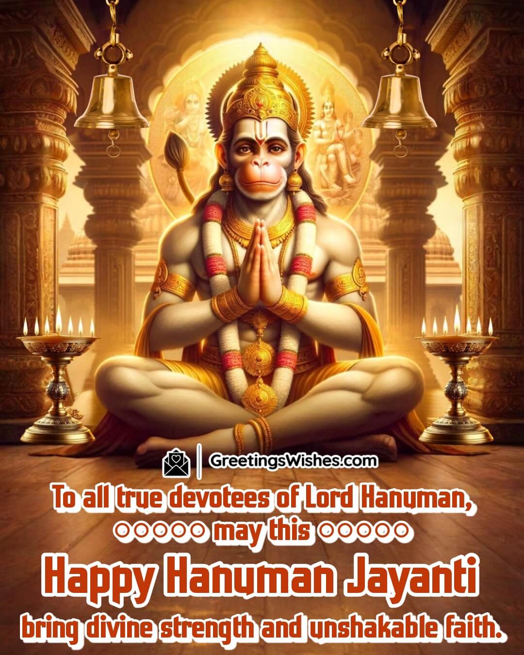 Devotional Hanuman Jayanti image with Lord Hanuman blessing his devotees with strength and glowing divine light.