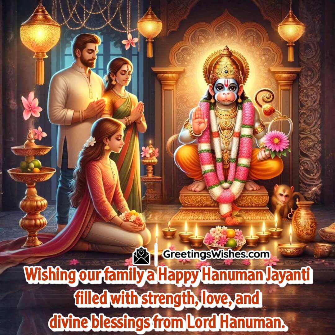 Hanuman Jayanti image showing a peaceful family praying to Lord Hanuman, with divine light symbolizing strength, love, and blessings.