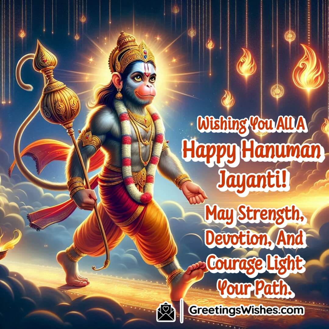 Hanuman Jayanti image of Lord Hanuman walking a bright path with glowing symbols of strength, devotion, and courage.