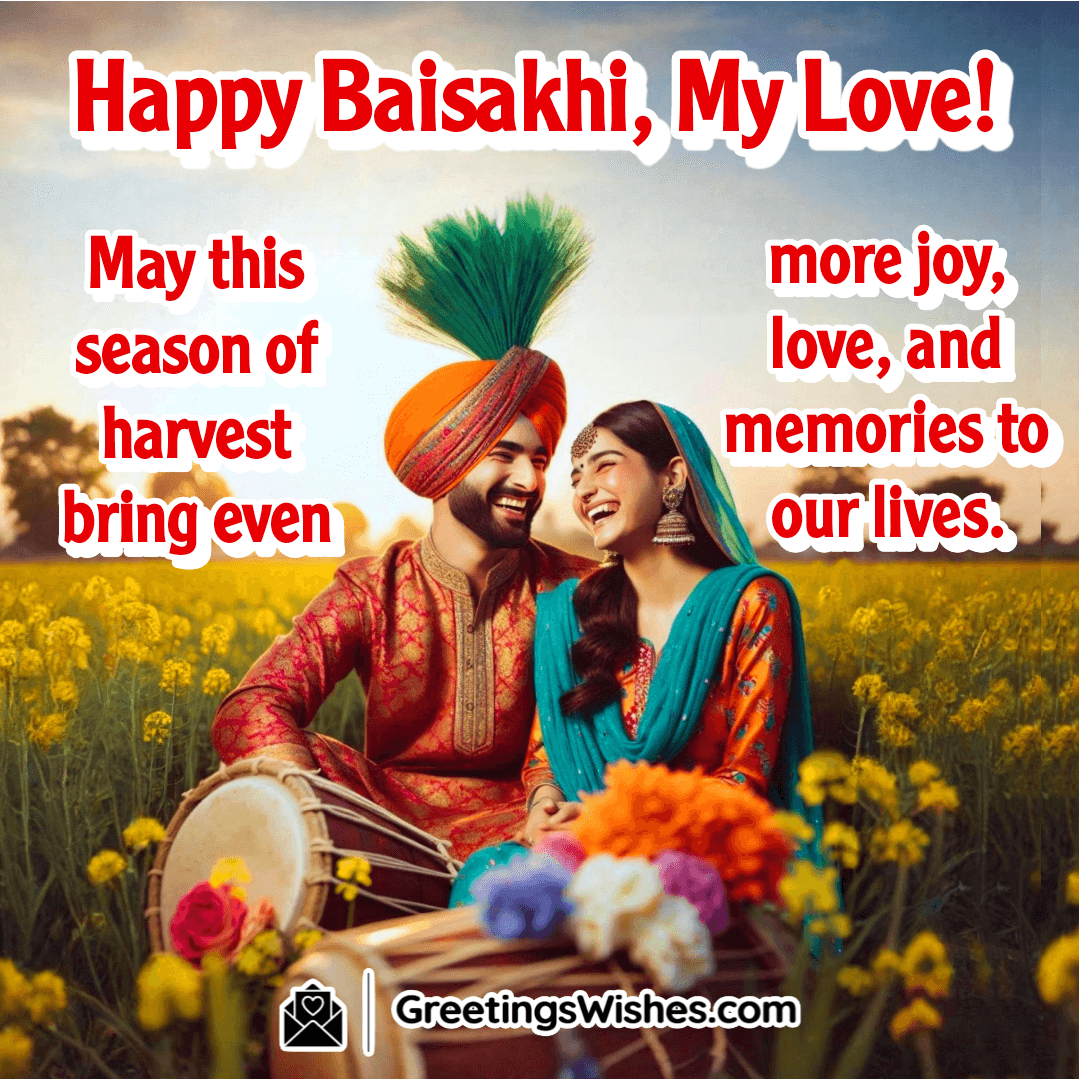 Baisakhi image with a joyful Punjabi couple in traditional dress smiling in a wheat field at sunset, capturing romance and harvest celebration