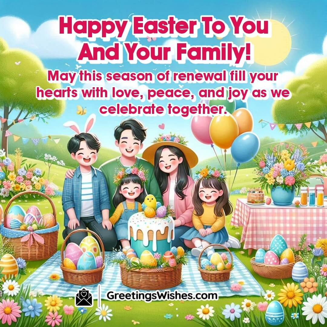 Easter scene with family celebration, floral meadow, and festive joy symbolizing renewal and love.