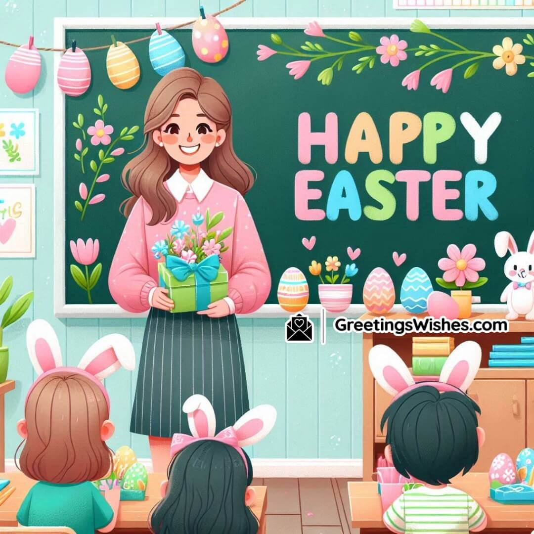 Easter classroom scene with joyful students and a kind teacher symbolizing gratitude, hope, and renewal.