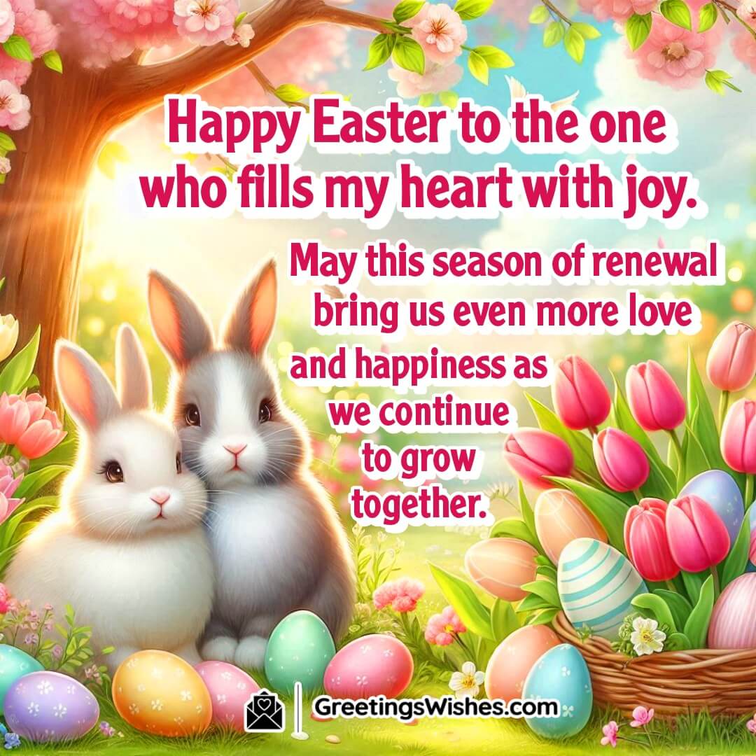 Easter scene with a pair of bunnies in a flower garden symbolizing love, renewal, and shared happiness.