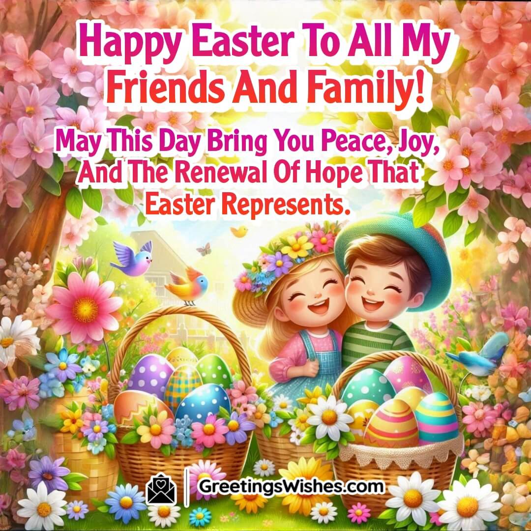 Easter garden with blooming flowers, happy children, and colorful eggs symbolizing joy, celebration, and spring cheer.