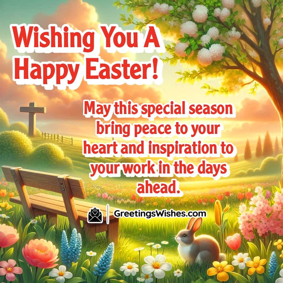 Easter scene with calm field, blooming flowers, and distant cross symbolizing peace, inspiration, and fresh starts.