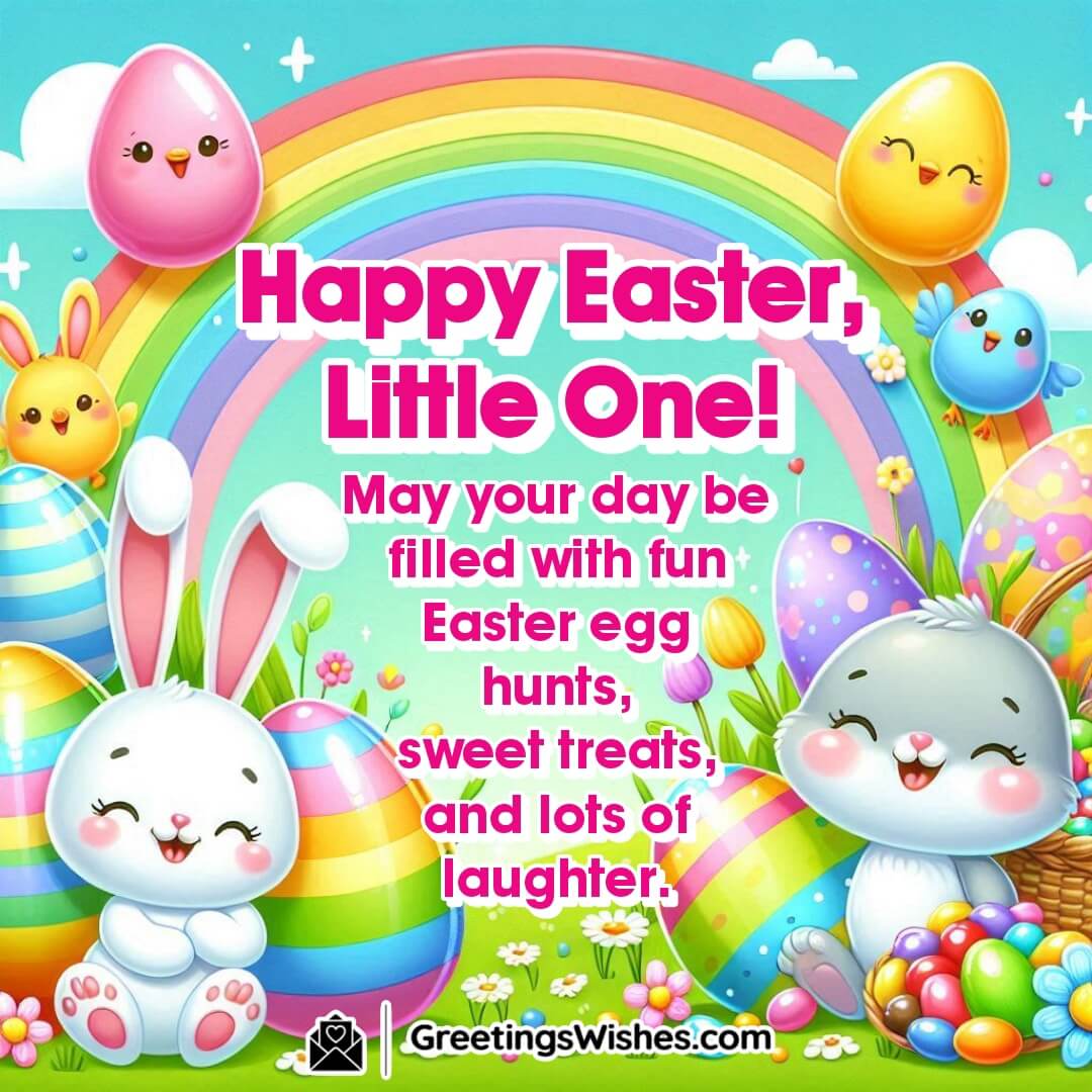 Easter scene with cartoon bunny, pastel eggs, and candy symbolizing fun, laughter, and childlike joy.
