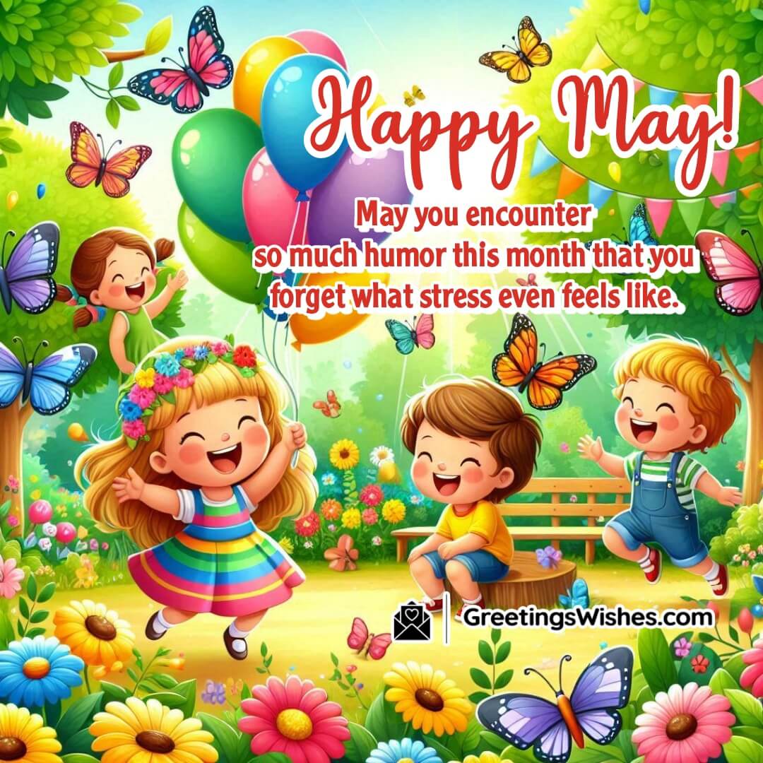 A joyful garden filled with laughter and lightness, symbolizing a stress-free, happy May.
