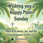 Palm Sunday image with sunlight shining through palm branches and a serene church in the background, symbolizing divine peace and joy.