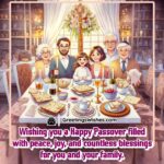 Passover celebration image with a warm family gathered around the Seder table, sharing blessings and joy.