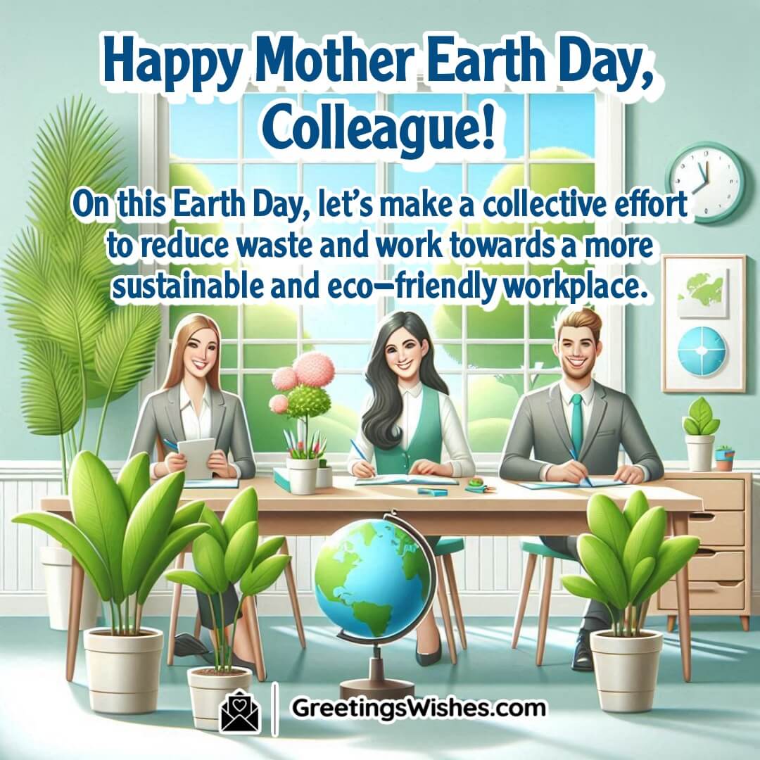 Earth Day office scene with plants and coworkers celebrating sustainability in a bright, modern workspace.