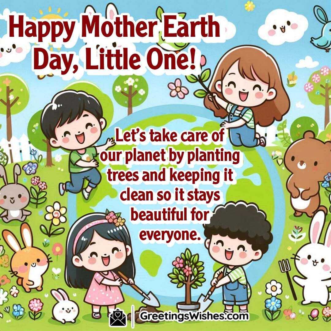 Mother Earth Day cartoon with children planting trees and a smiling Earth, symbolizing caring for the planet.