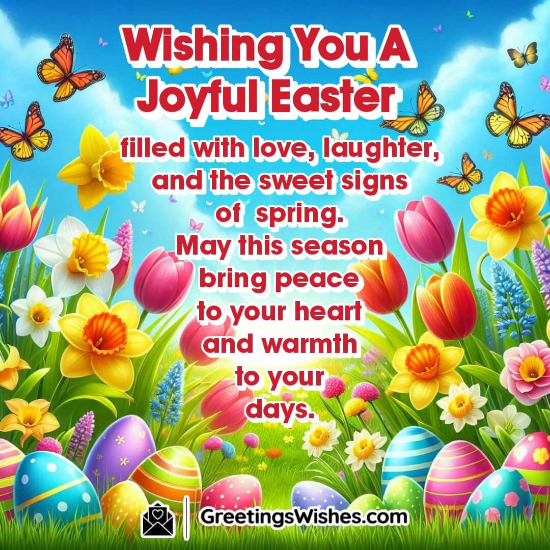 Easter scene with vibrant flowers, butterflies, and hidden eggs symbolizing joy, spring, and seasonal warmth.