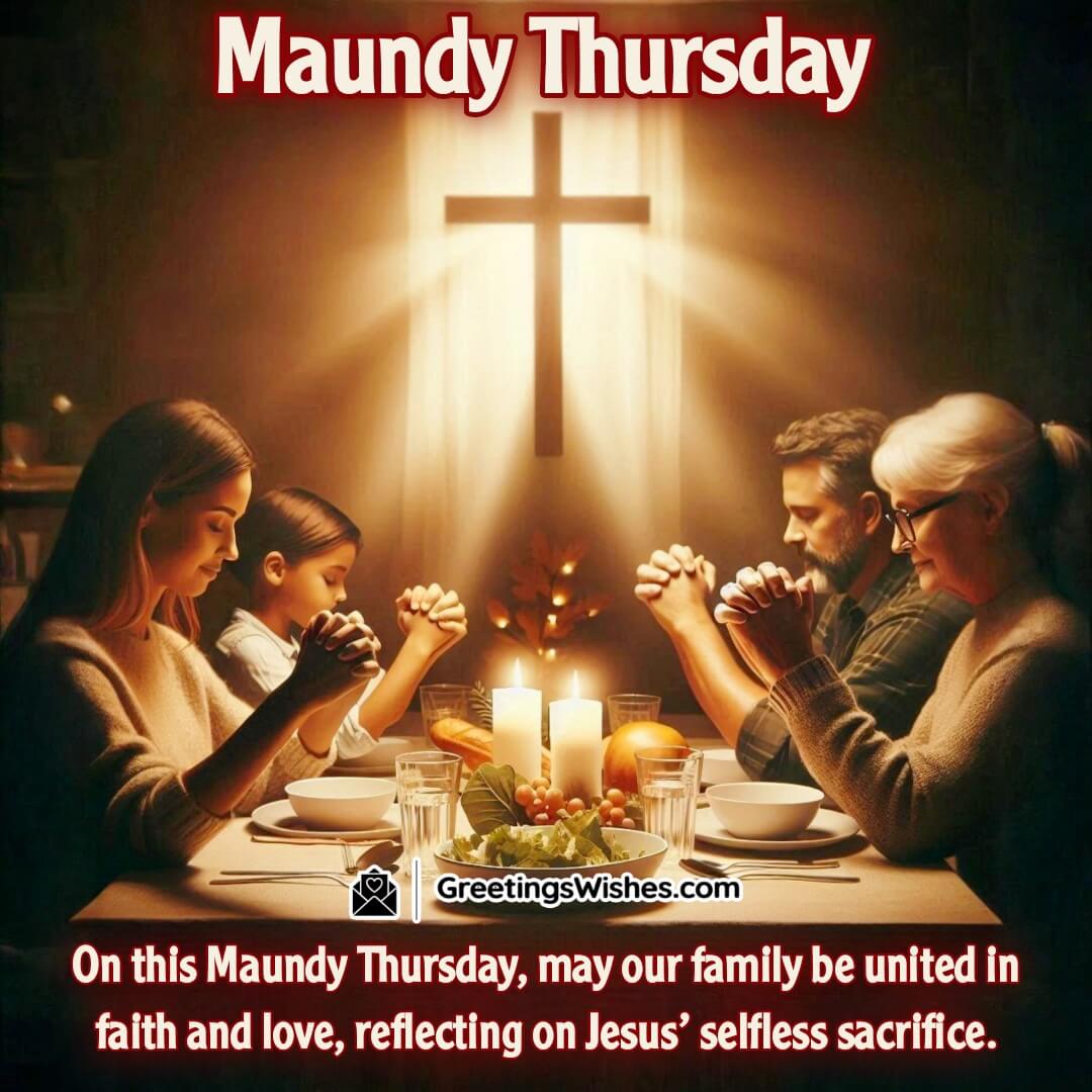 Maundy Thursday with a family praying around a dinner table and a cross nearby. Symbolizing unity, faith, and Jesus’ sacrifice.