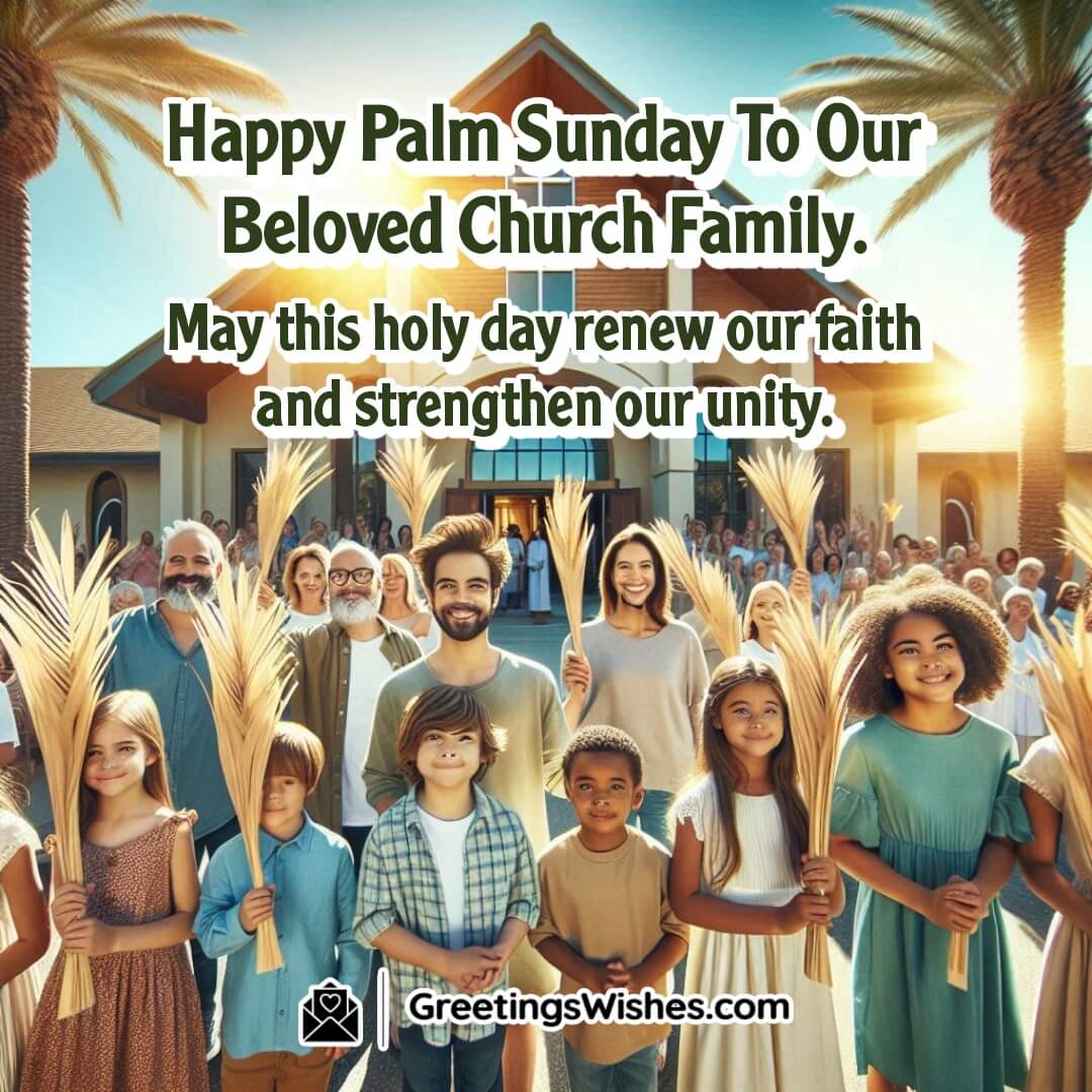 Palm Sunday image of a church congregation with palm branches raised together, symbolizing unity and shared faith.