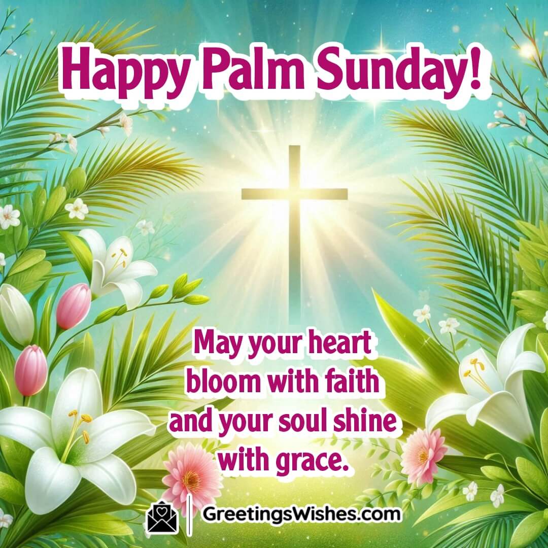 Palm Sunday image with blooming flowers and palm branches around a glowing cross, symbolizing faith and inner grace.