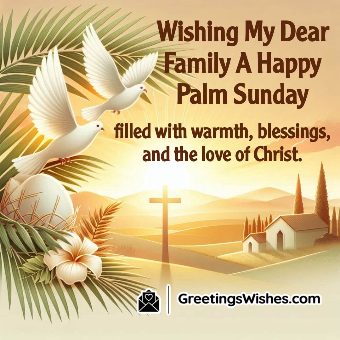 Palm Sunday image for family showing palm branches, doves, and a bright sky symbolizing divine love and unity.