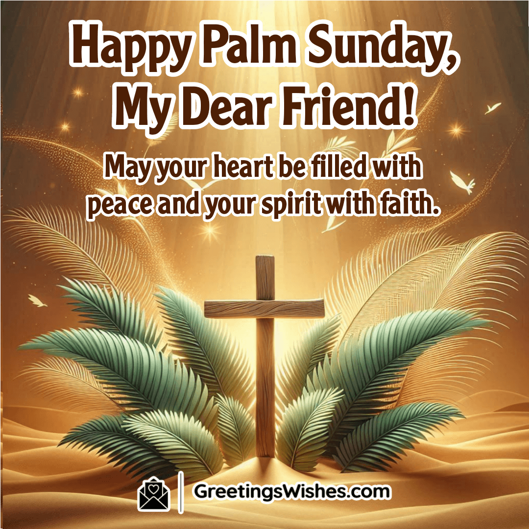 Palm Sunday image for a friend showing a cross and palm leaves over a warm sky, symbolizing peace and faith.