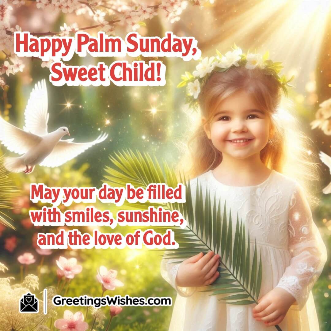 Palm Sunday image with a happy child holding a palm leaf in a sunlit garden, symbolizing smiles and God’s love.