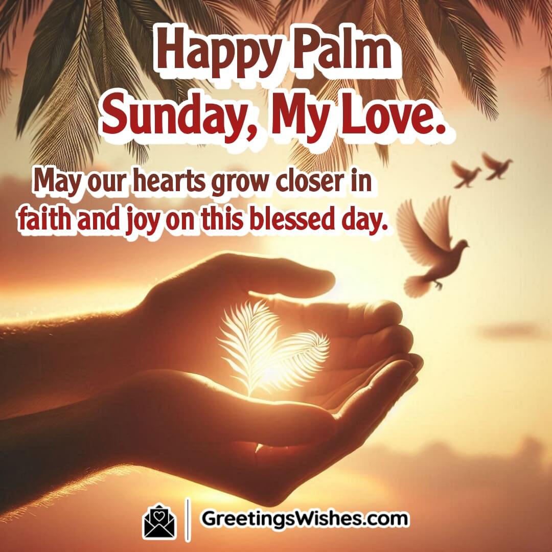 Romantic Palm Sunday image with two hands holding palms, a glowing heart, and a peaceful sky, symbolizing faith and love.