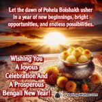 Pohela Boishakh image symbolizing new beginnings with a rassogulla pot and marigold flowers on alpana design, set against a sunrise