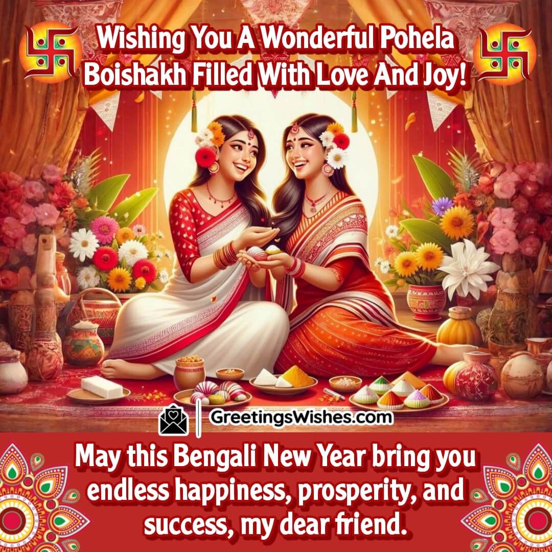 Pohela Boishakh image symbolizing joyful friendship and success, with Bengali sweets, marigolds, and an alpana design on a plain background