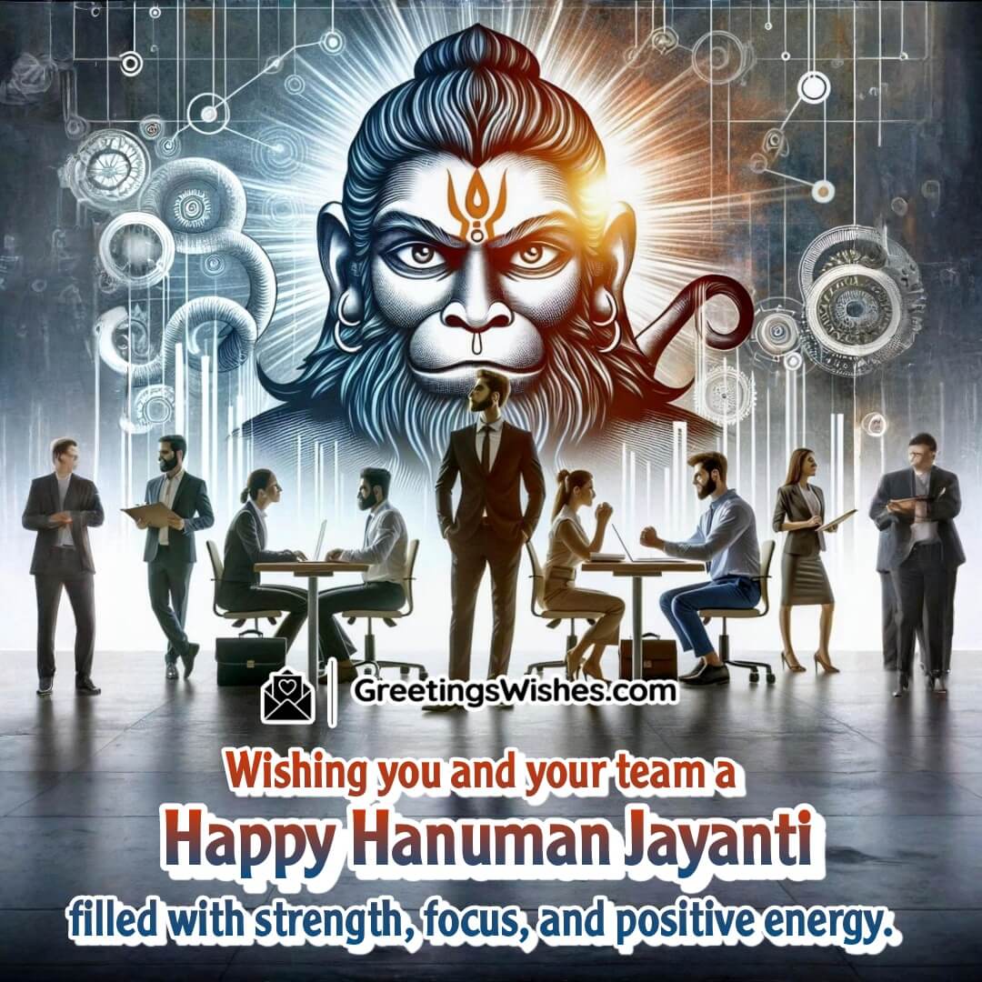 Team-focused Hanuman Jayanti image with Lord Hanuman inspiring unity, strength, and focus among coworkers.