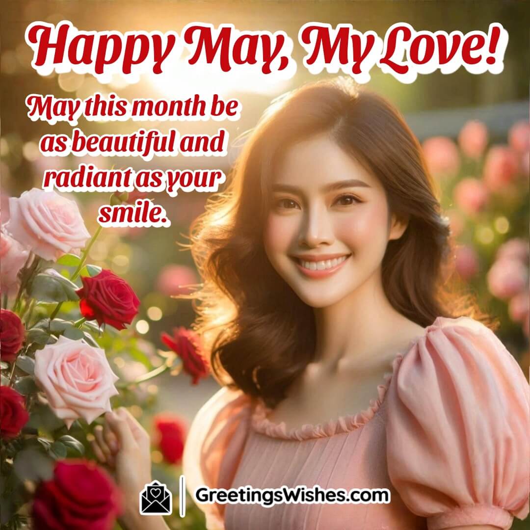 A smiling woman surrounded by a blooming garden, symbolizing love, happiness, and the fresh beauty of May.