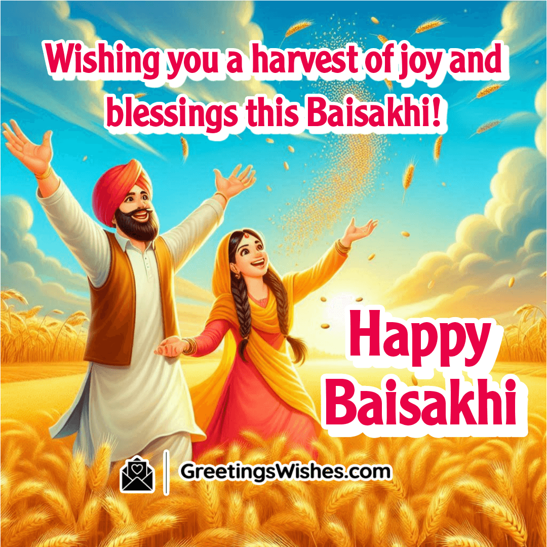 Baisakhi image with a happy farmer couple tossing wheat in golden fields at sunrise, reflecting joy and gratitude