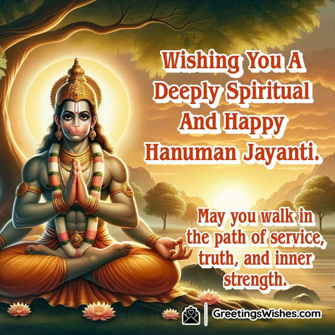 Spiritual Hanuman Jayanti image with Lord Hanuman meditating peacefully, surrounded by divine energy, representing truth and inner strength.