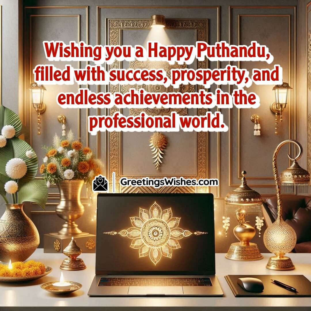 Professional setting with Tamil New Year decor symbolizing career success and prosperity.