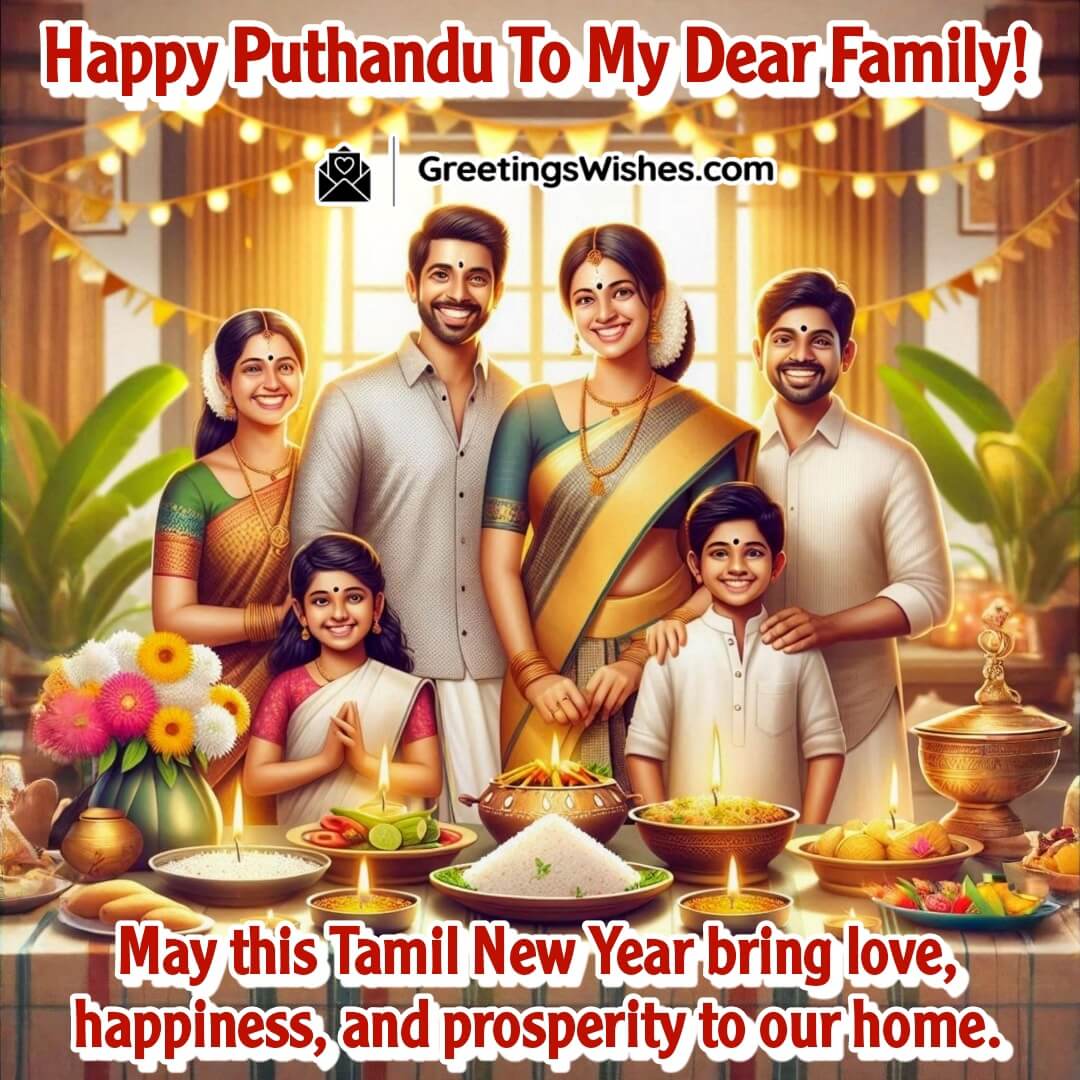 Joyful Tamil family celebrating New Year together with traditional decor and blessings.