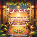 Festive Tamil New Year scene with glowing lamps, kolam, and traditional decor symbolizing happiness and prosperity.