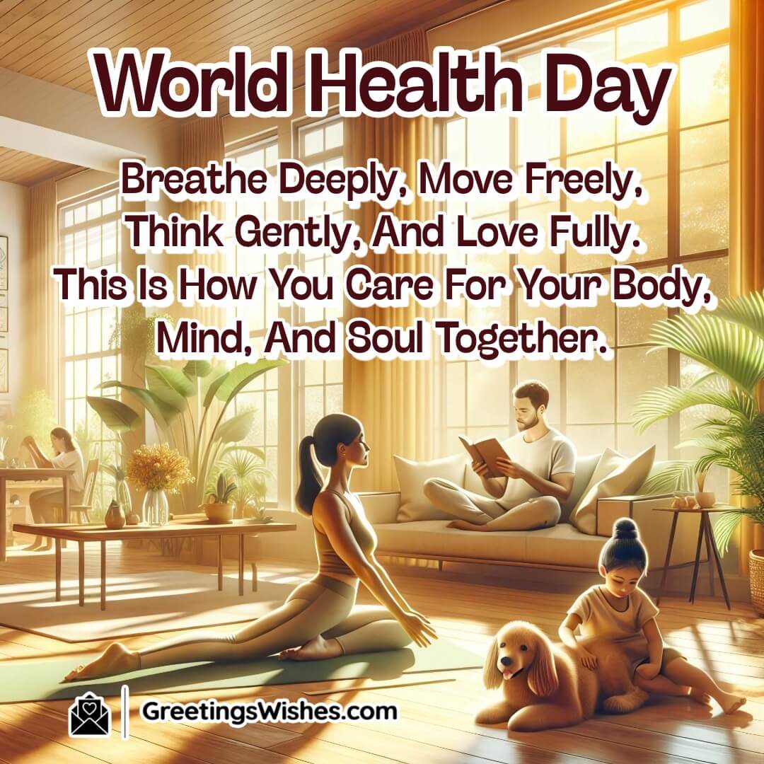 A warm Indian living room filled with sunlight, where a woman stretches on a yoga mat, a man reads peacefully, and a child hugs a pet dog — capturing harmony, comfort, and holistic wellness on World Health Day.