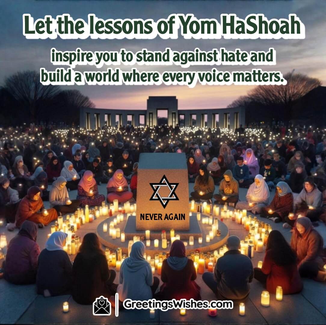 Yom HaShoah image featuring a multicultural candle lighting around a memorial, symbolizing unity, remembrance, and standing against hate.