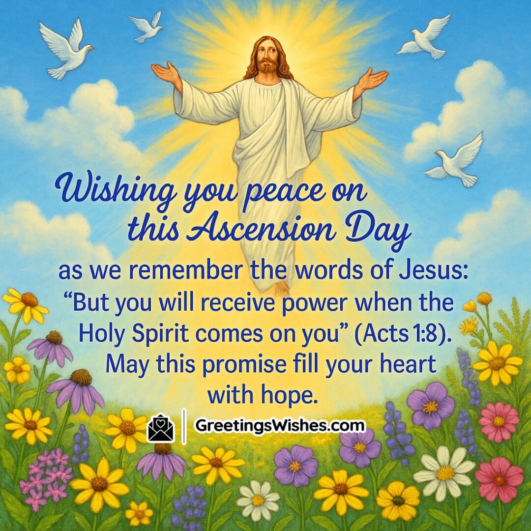 Ascension Day featuring Jesus ascending above a radiant flower field and doves in flight, symbolizing the Holy Spirit’s promise and peace through divine power.