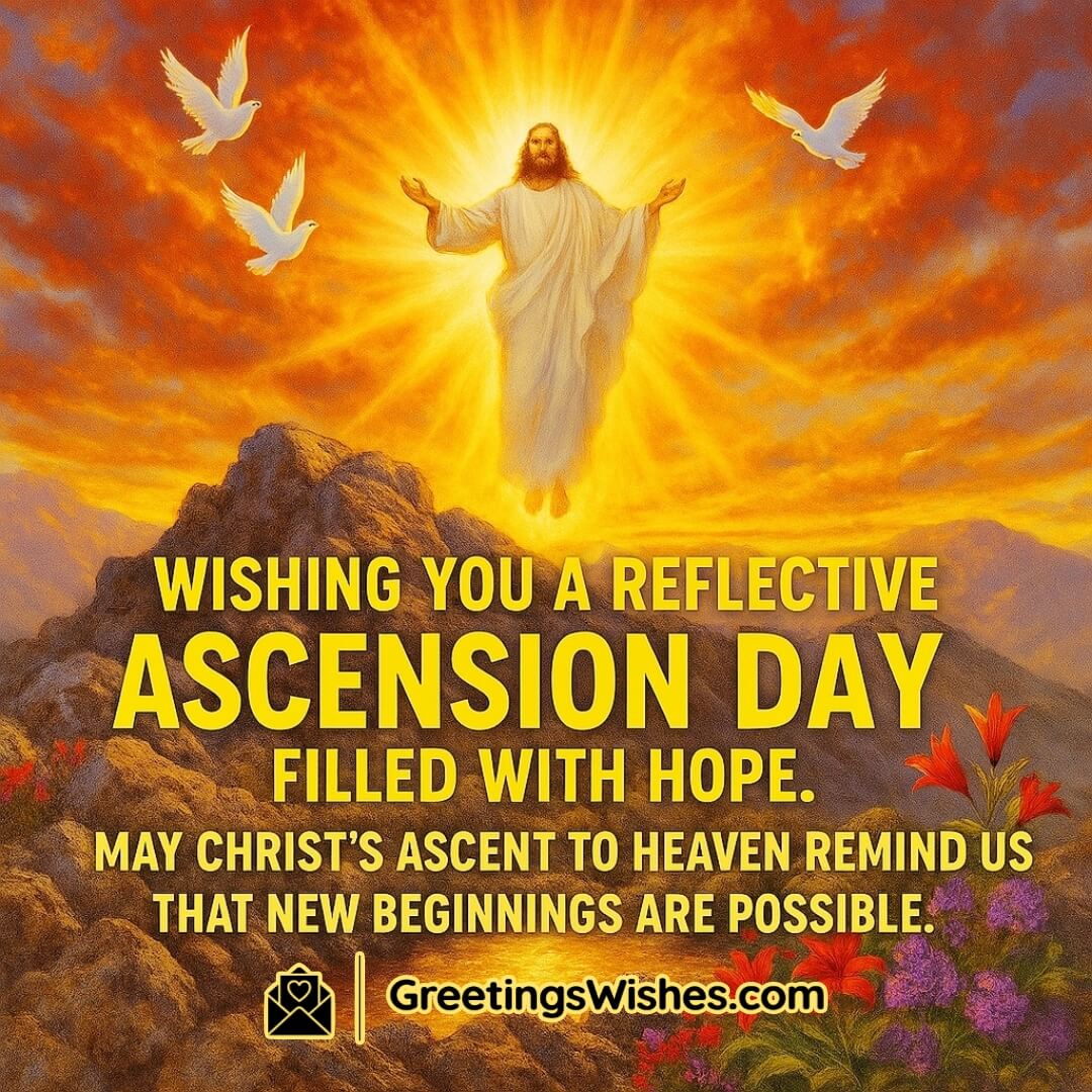 Ascension Day featuring a vivid mountaintop and radiant sky with Christ ascending, symbolizing reflection, strength, and the power of new beginnings.