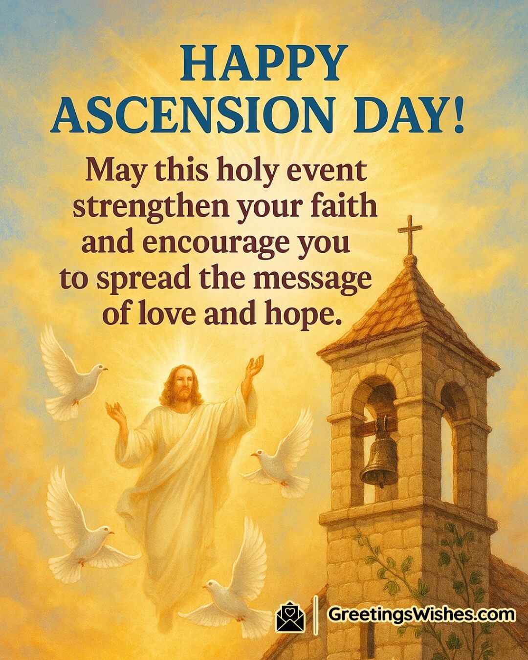 Ascension Day featuring a church tower with Christ ascending and doves in flight, symbolizing growing faith, divine light, and the message of love and hope.