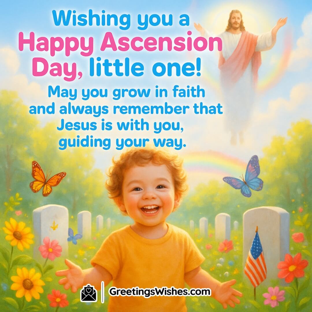Ascension Day featuring a happy child in a flower garden looking at Jesus ascending in a rainbow sky, symbolizing faith, joy, and gentle spiritual guidance.