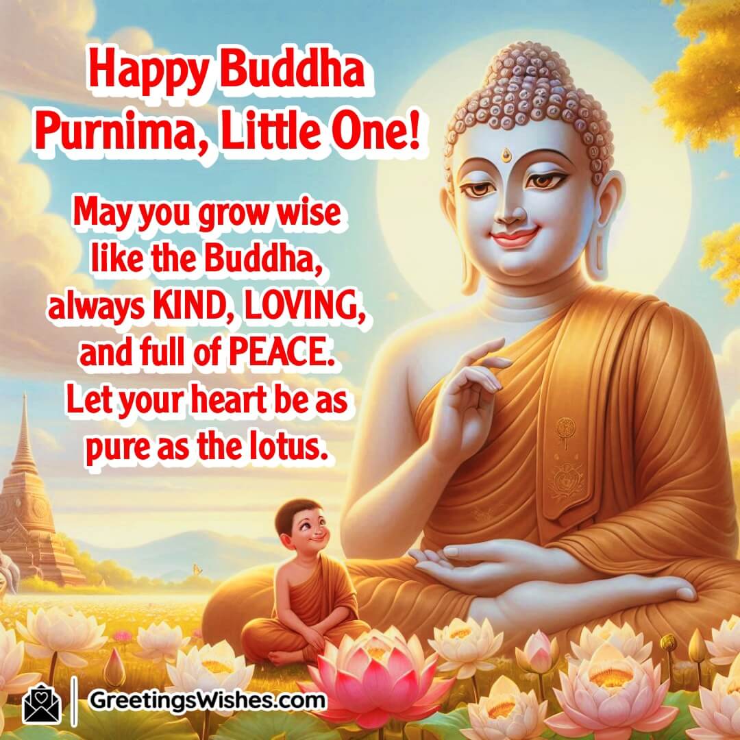 Buddha Purnima image showing a large Buddha with a child in a lotus field beneath a clear sky, symbolizing purity, kindness, and childlike wisdom.